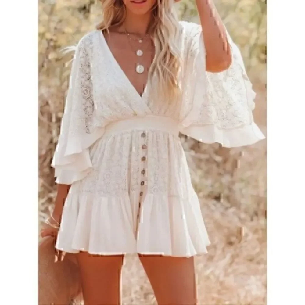 Casual Lace Patchwork Batwing Sleeve V Neck Fashion Summer Loose Dress L - Picture 1 of 8